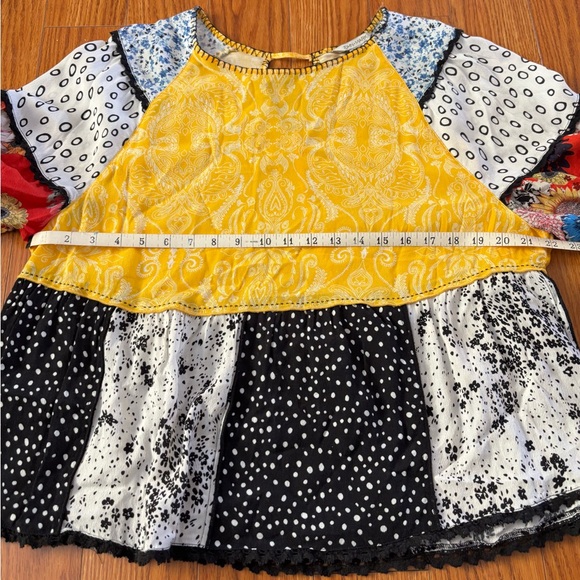 JOHN MARK PATCHWORK PEASANT BLOUSE * YELLOW, RED, BLUE & BLACK FLOWY TOP - Picture 5 of 6